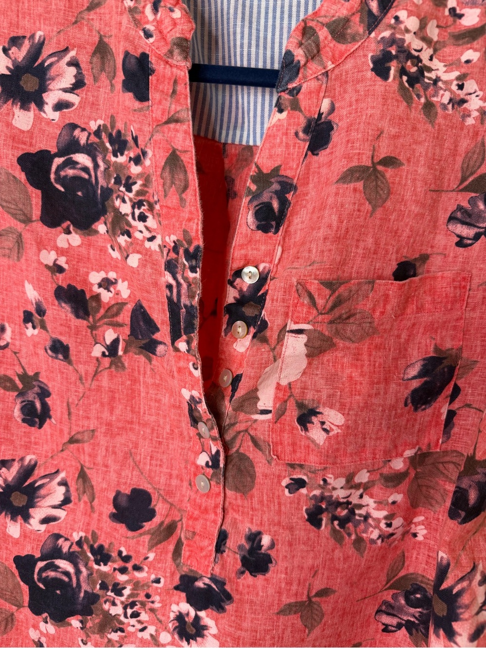 John Mark Coral Floral Band-Collar Tunic Top Linen Pink coral 3/4 sleeve Medium - Picture 2 of 11